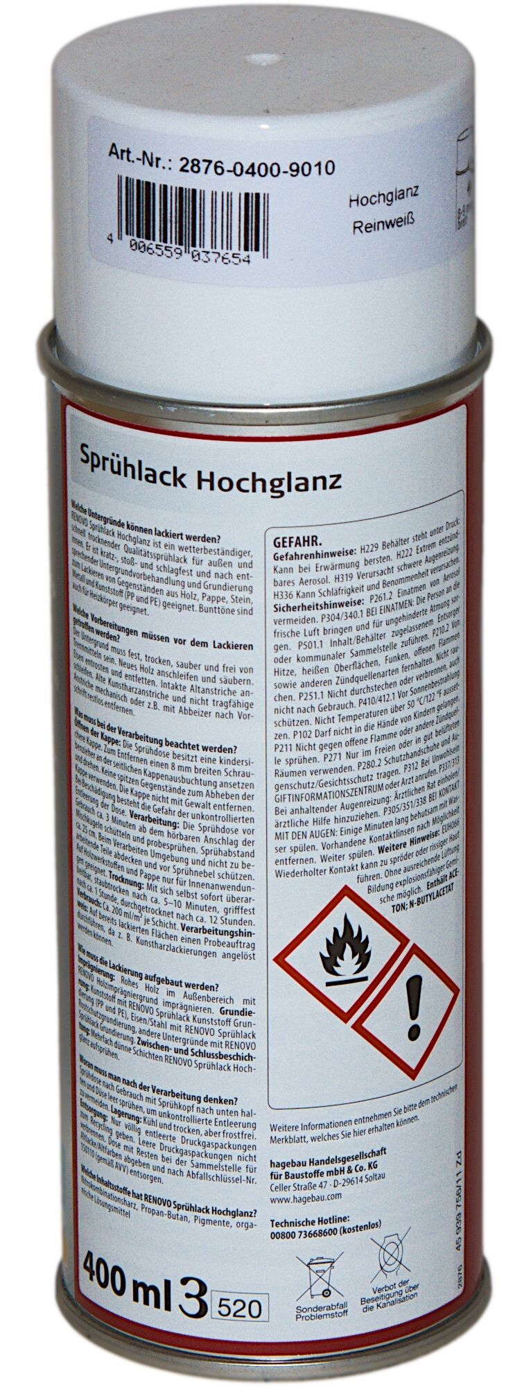 400ml Renovo Sprühlack hochglänzend Reinweiss RAL9010