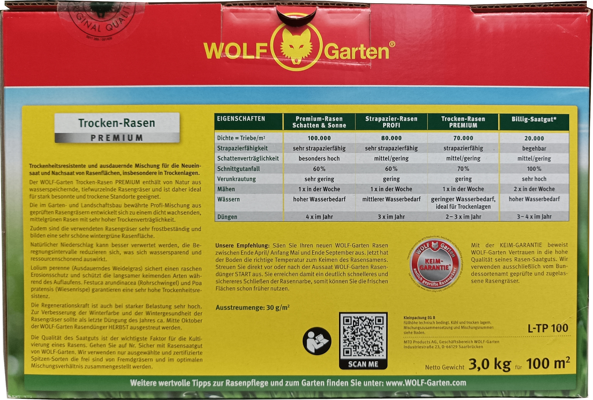 3kg L-TP 100 Trockenrasen Premium 100m²