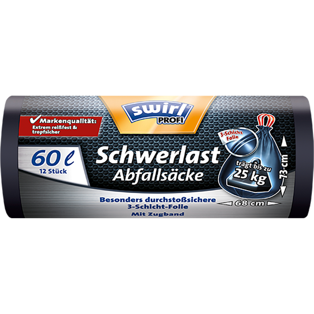 Swirl Profi-Schwerlast-Abfallsäcke 60Liter mit Zugband, (12/Rolle)