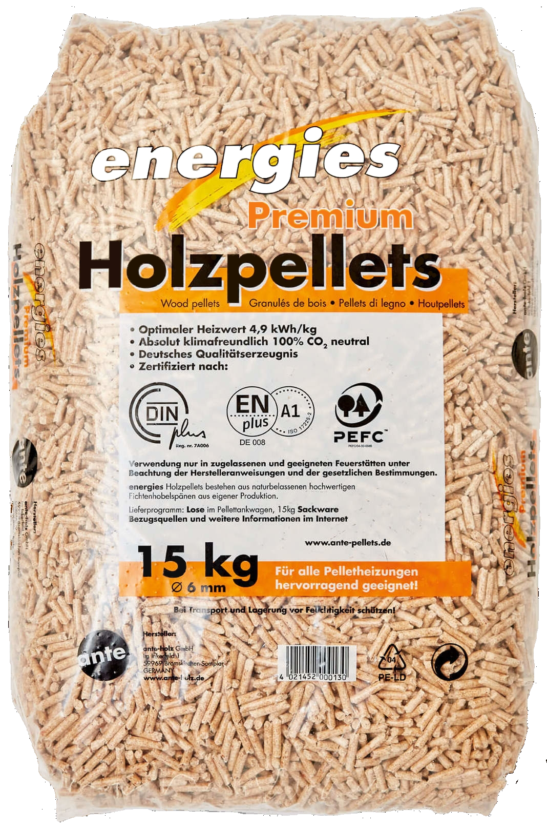 15kg Holzpellets im Sack, Ø 6 mm Brennstoff