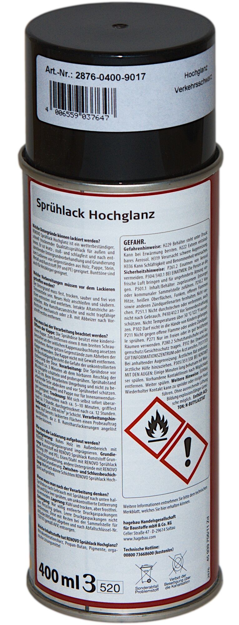 400ml Renovo Sprühlack hochglänzend RAL 9017 Verkehrsschwarz