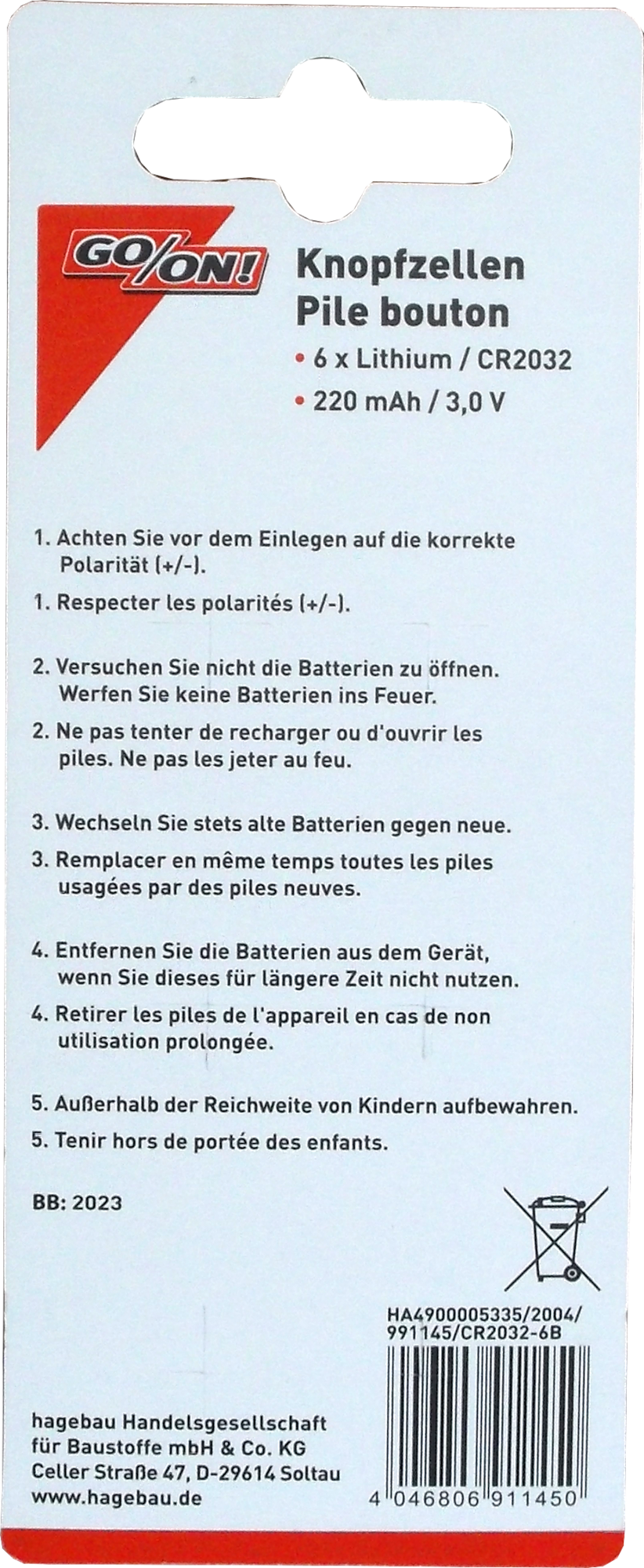 6 Stück GO/ON Knopfzellen CR2032 3,0V