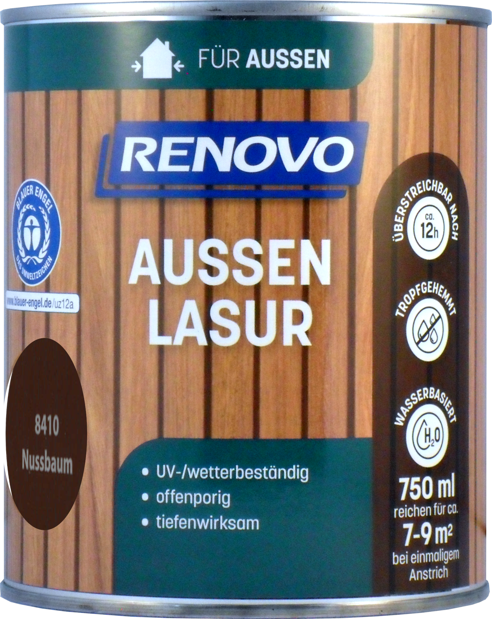 750ml Renovo Wetterlasur Nr.8410 nussbaum