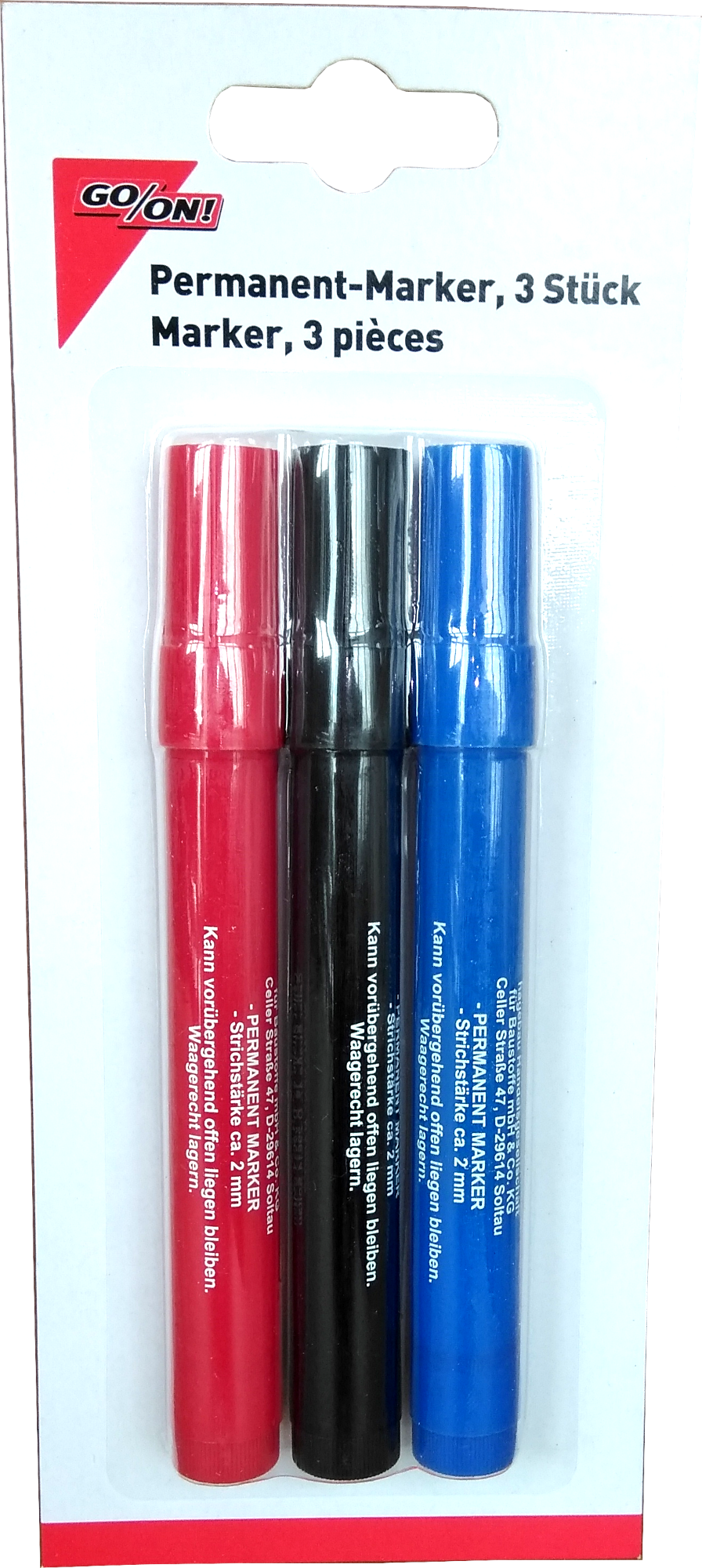 3 Stück GO/ON Permanent Marker, schwarz/blau/rot