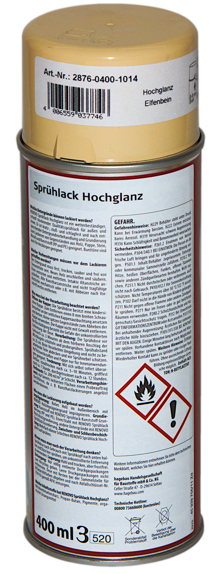 400ml Renovo Sprühlack hochglänzend Elfenbein 1014