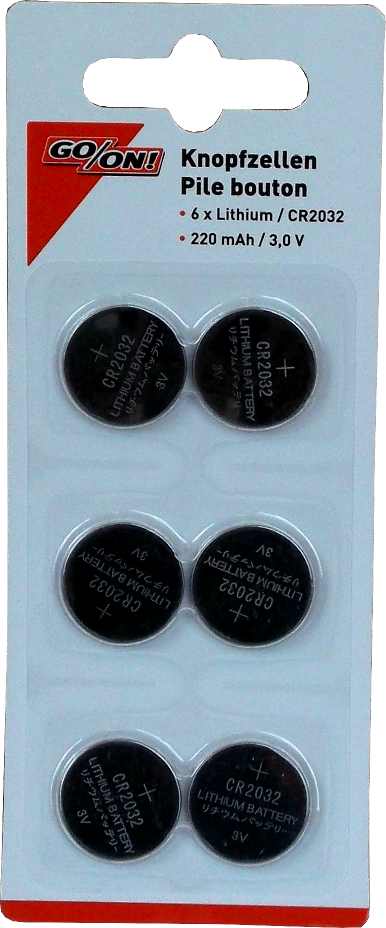 6 Stück GO/ON Knopfzellen CR2032 3,0V