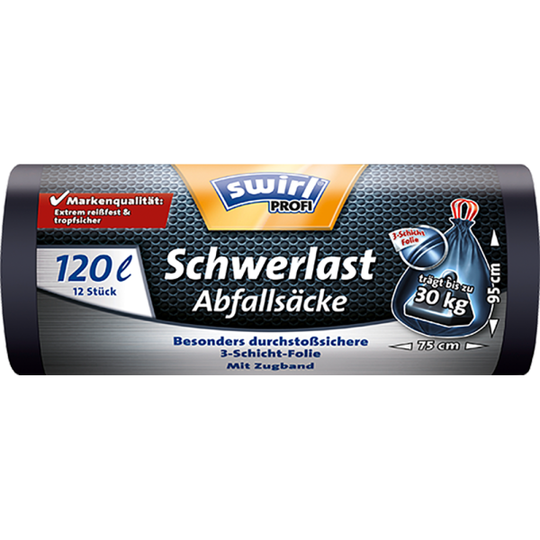 Swirl Profi-Schwerlast-Abfallsäcke 120 Liter mit Zugband (12/Rolle)
